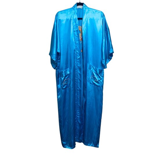 Vintage Blue Satin 5-Claw Dragon Embroidered Kimono Robe Pockets For Men Women - Picture 2 of 13
